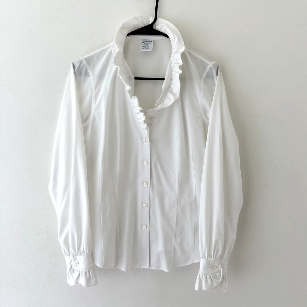 Brooks Brothers Womens 8 White Ruffle Collar Shirt Tailored Stretch Victorian - Picture 2 of 8
